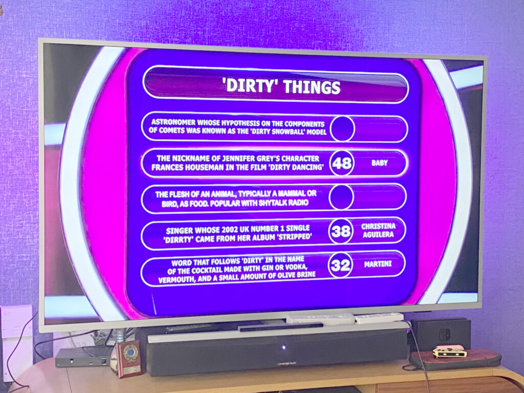 'Pointless' game show answer board. Dirty Things. 'The flesh of an animal as food. Popular with ShyTalk Radio'