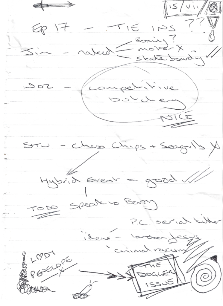 Early notes on ideas for episode 17, featuring 'Competitive Butchery' as a suggested sketch title.