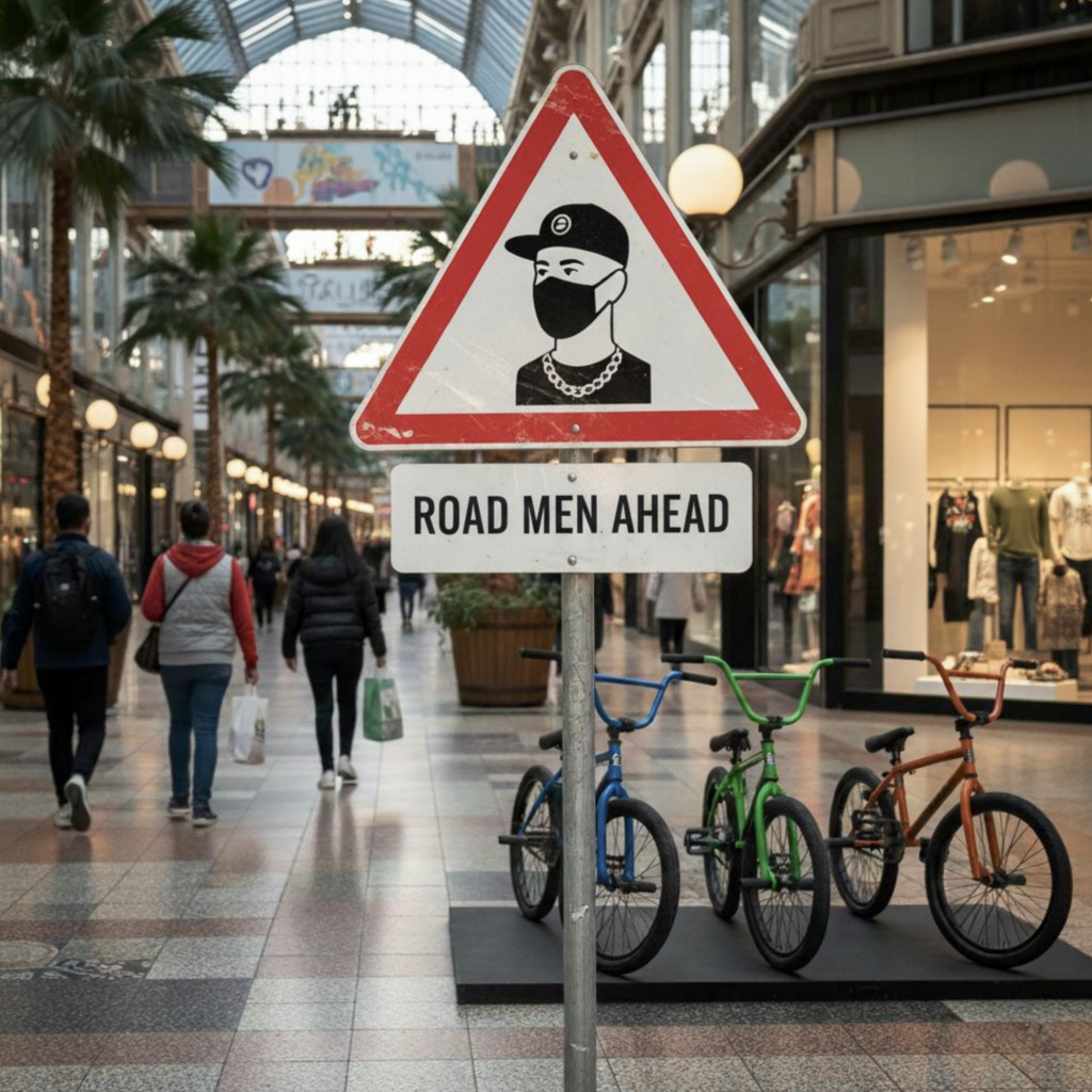 A warning sign depicting a masked youth in baseball hat, face covering and gold chain entitled 'Road Men Ahead'.
