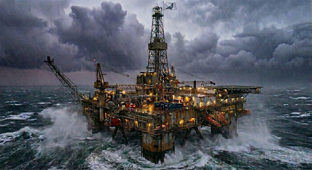 'The ShyRig', a North Sea oil rig shown in a stormy sea.