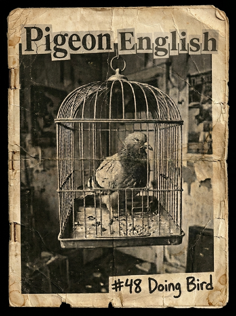 A tattered looking fanzine showing a dishevelled pigeon in a dirty cage, titled 'Pigeon English - #48 Doing Bird'